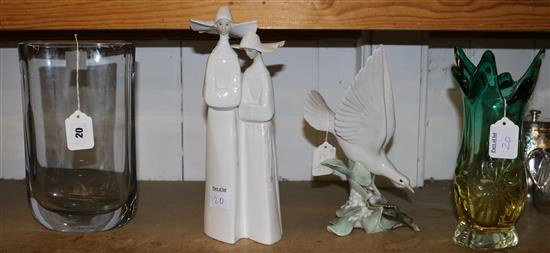 Lladro model of a perching dove, another of nuns, Swedish Stromberg glass vase & a Venetian green/yellow splash vase (4)